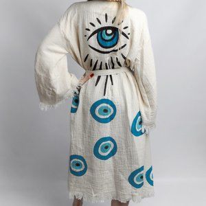 Iconium Luxury, Turkish, Evil eye printed, muslin kimono for women.